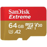 SanDisk Extreme - Scheda di memoria flash (adattatore da microSDXC a SD in dotazione) - 64 GB - A2 / Video Class V30 / UHS-I U3 / Class10 - UHS-I microSDXC